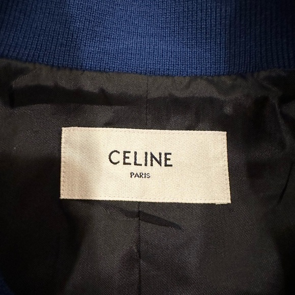 Celine x Hedi C Logo Leather Sleeve Blue Woold Teddy Jacket - Picture 6 of 14